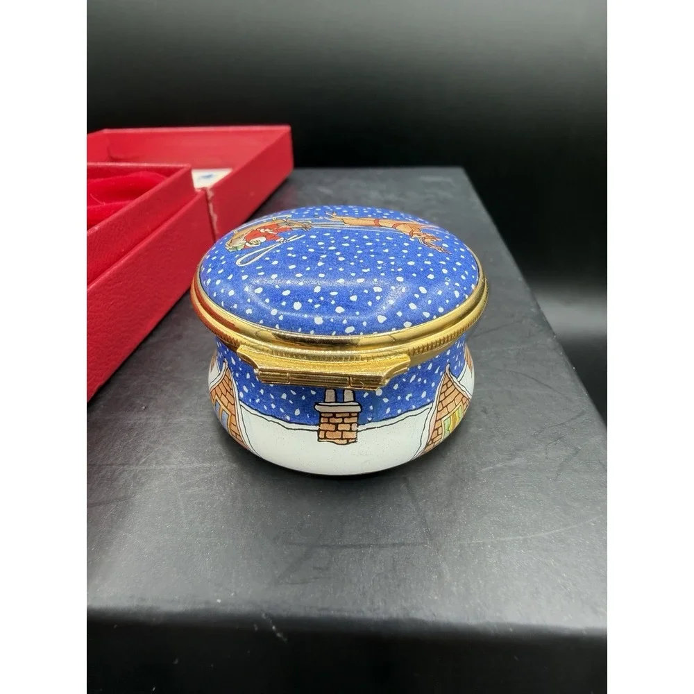 🎄Halcyon Days Enamels 1986 Christmas Trinket Box – Santa & Sleigh Lid – Vintage